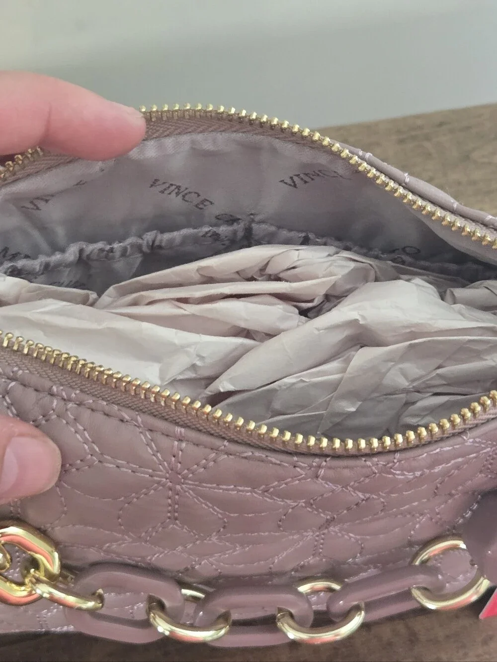 Vince Camuto Cosmetic Bag Quilted Gold Chain Charm Strap Pouch NWT